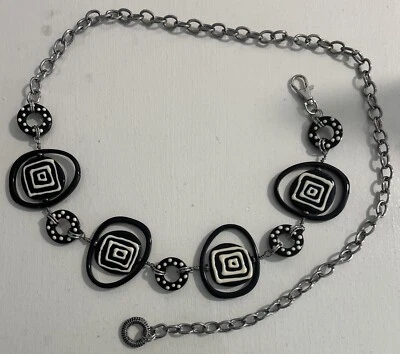 Womens Belt OneSize Silver Chain Black White Enamel Medallions Artsy Boho Hippie - Изображение 1 из 4