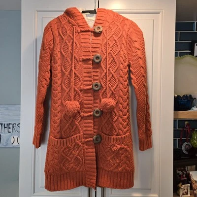 Cárdigan tejido con cable suéter naranja grueso con capucha lana para mujer pequeño NAVIDAD DEBE VERSE Foto 1 de 4