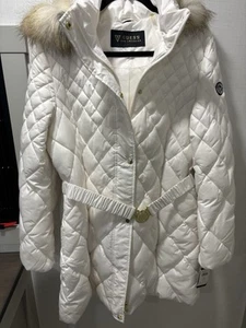 Guess Faux Fur Hooded Puffer Belted Jacket Cream XL - Picture 1 of 7