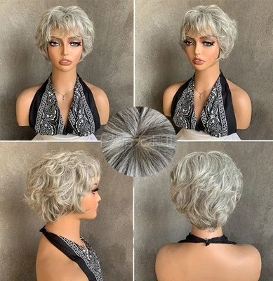 Perucas curtas prata cinza corte pixie 100% cabelo humano perucas com franjas coroa base de seda - Imagem 1 de 4