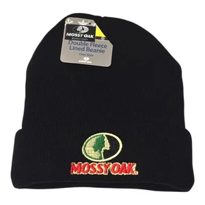 NWT Mossy Oak Double Fleece Lined Beanie Hat Black Thermal Knit Winter Outdoor  - Picture 1 of 4