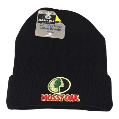 NWT Mossy Oak Double Fleece Lined Beanie Hat Black Thermal Knit Winter Outdoor  - Image 1 of 4