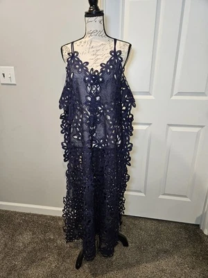 ¡NUEVO CON ETIQUETAS! Vestido túnica Anthropologie con tiras sin forro azul marino encubrimiento encaje  Foto 1 de 4