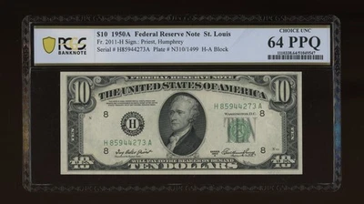 DBR 1950-A $10 FRN St. Louis Fr. 2011-H PCGS-B 64 PPQ Serial H85944273A - Image 1 of 2