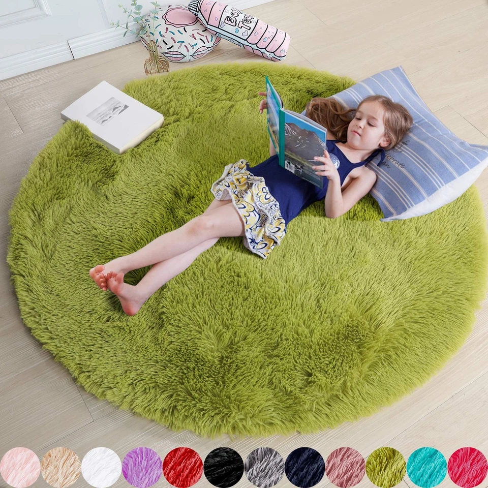 Grass Green Round Rug Fluffy Circle Rug 4'X4' for Bedroom and Livingroom Decor