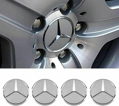 4 X Silver Wheel Center Rim Hub Caps Emblems Fits Mercedes Benz Most Models Logo Foto 1 de 4