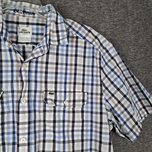 Lacoste Mens Shirt 42 Slim Fit Blue Black Plaid Button Up Short Sleeve Pockets - Picture 1 of 12