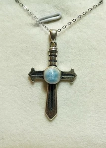 Dainty 925 Sterling Silver Natural Blue Larimar Sword Cross Pendant Necklace 1 - Picture 1 of 11