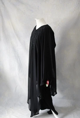 Saudi Abaya 3 piece black dress plus cape kimono overlay 54 NEW with hood - Image 1 of 4