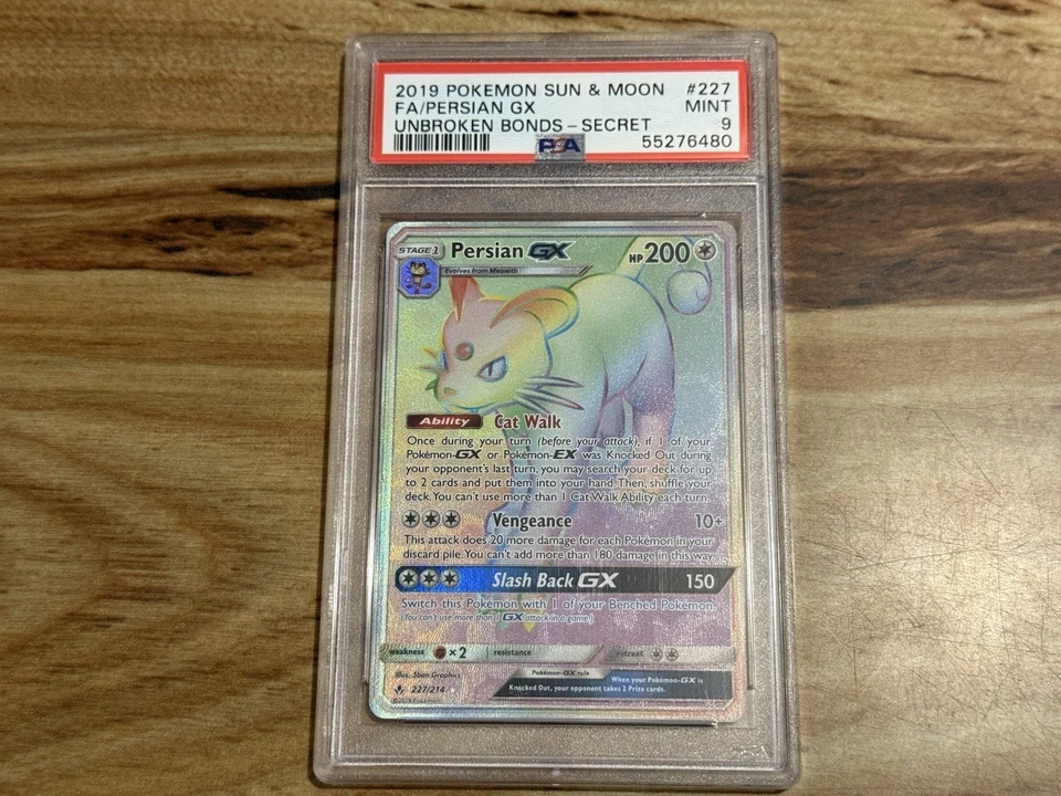 2019 Pokemon Sun & Moon Unbroken Bonds Persian GX 227/214 Secret Rare PSA 9 Mint - Image 1 of 2