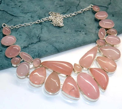 Collar enchapado en plata 925 de cuarzo rosa con racimo grande 16" regalo étnico JW Foto 1 de 3