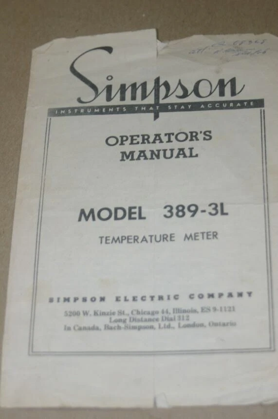 Simpson 389-3L Temperature Meter  Instruction Operating Guide Maintenance Manual - Image 1 of 1