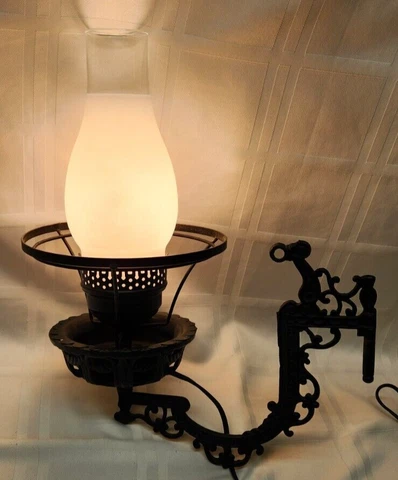 Vintage Ornate Cast Iron Electric Wall Mount Swing Arm Lamp Light w/ Hurricane Cover