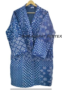 Indigo Print Blue Cotton Kantha Quilt Handmade Mid-Length Woman Winterwear Coat - Picture 1 of 6