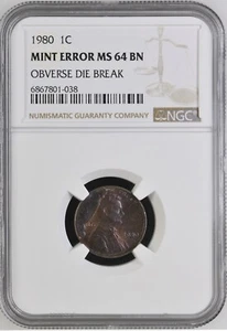 1980 Lincoln Cent NGC MS64BN CUD Obverse Die Break Toned Coin 1C Mint Error - Picture 1 of 15