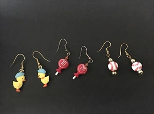 Set Of 3 Charm Earrings - Tootsie Roll Pop-Baseball-Yellow Duck Kitschy Boho Fun - Picture 1 of 7