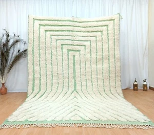 Tufted Custom Beniourain Handmade Moroccan Rug Berber White & Lime Wool Carpet - Picture 1 of 18