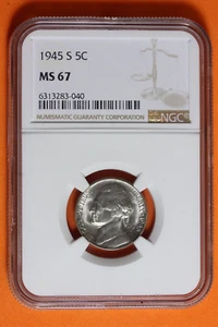 1945-S NGC MS67 Silver Jefferson War Nickel 5c #B38797 - Picture 1 of 2