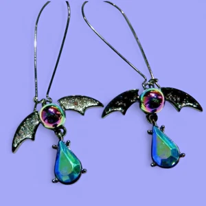 GLITTER BAT WING EARRINGS vampire demon halloween crystal goth pierced gauged H4 - Picture 1 of 5