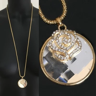 Set XXL Lang Kette + Anhänger Rund Blume Kette Halskette Glas Strass 198 - Bild 1 von 2