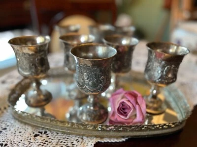 Juego de 6 copas pesadas vintage plateadas diseño vides uvas Foto 1 de 4