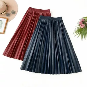 Women PU Faux Leather Pleated Skirt Midi Flare High Waist Casual Fashion SPW - Picture 1 of 17