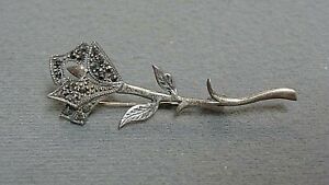 VTG Sterling Silver - Art Deco Style Marcasite Rose Flower Brooch Pin 