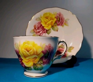 Vintage *Royal Vale* Cup & Saucer Pink Yellow Roses Gold Trim Footed, VGC - Picture 1 of 13