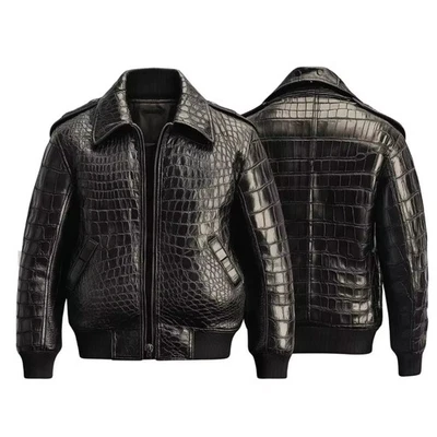 Men's Black Real Cowhide Crocodile Embossed Jacket Biker Jacket Bomber Jacket - Image 1 of 4