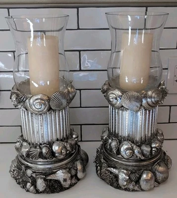 "Juego de 2 candelabros Homeworx de Harry Slatkin plateado náutico concha marina de 11""" Foto 1 de 4