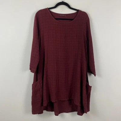 Túnica Columpio Corte Suelta Lino Talla Grande Borgoña Bolsillos Mangas 3/4 Lagenlook Foto 1 de 4