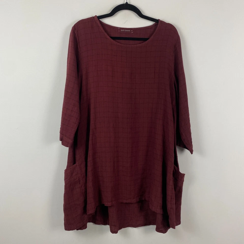 Túnica Columpio Corte Suelta Lino Talla Grande Borgoña Bolsillos Mangas 3/4 Lagenlook Foto 1 de 4