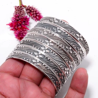 Juego de 7 brazaletes de plata de ley 925 maciza, joyas de plata redondas gruesas para mujer Foto 1 de 4