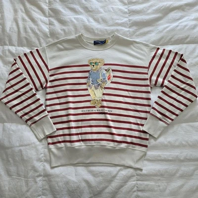 Polo Ralph Lauren Bear Teddy Womens Small Stripe Long Sleeve Pullover White EUC - Image 1 of 4