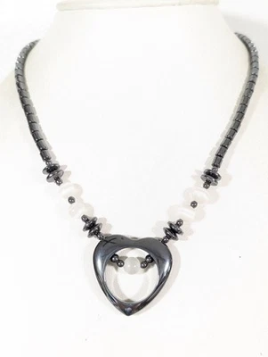 Artisan Boho Western White Glass Cats Eye Gray Hematite Stone Heart Necklace 18" - Image 1 of 4