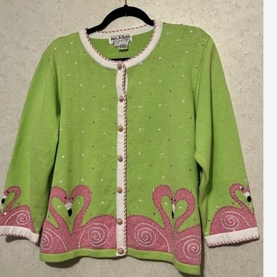 Suéter Jack B Quick Verde Lima Rosa Flamencos Cárdigan Ramie Algodón Lentejuelas Foto 1 de 4