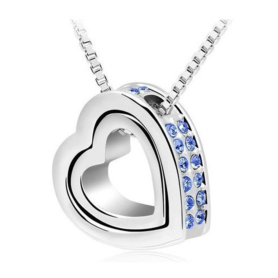 Halskette Damen Doppelherz 2 Herzen Zirkonia Strass Kristall Weißgold Plattiert - Bild 1 von 1