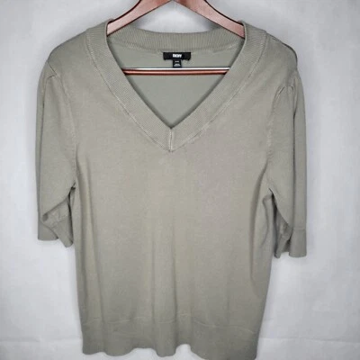 Suéter DKNY Drab Verde Oliva Cuello en V Pullover Manga Corta Plisada Para Mujer XL Foto 1 de 4