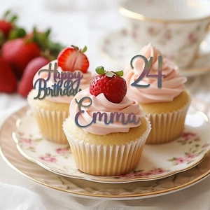 Personalised Happy Birthday, Age, Name Glitter Cupcake Toppers Various Colours - Picture 1 of 3