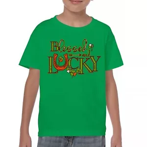 Blessed and Lucky Youth T-shirt St. Patrick's Day Clover Irish Malarkey Kids - Picture 1 of 56