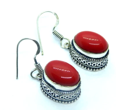 Orecchini Corallo Rosso Argento Sterling 925 Placcato Gemma Gioielli Regalo p... - Immagine 1 di 4