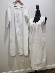 Rare Thea Nightgown & Robe Set White 100% Cotton Size S 2pc Lace Trim Sand - Picture 1 of 14