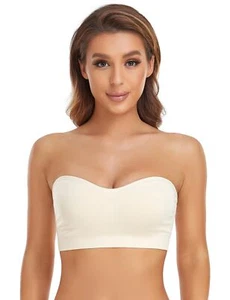 Strapless Silicone Padded Bandeau Bra Wireless Tube Top Bralette Beige M - Picture 1 of 6