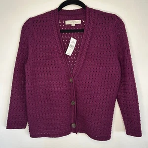 LOFT NWT Women Open Stitch Cardigan Button Front Knit Sweater Plum Purple Size M - Picture 1 of 8