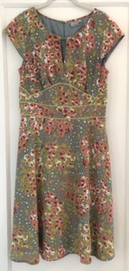 eShakti Retro-Style Floral Midi Dress w/Pockets & Lime Green Piping Size L 14 - Picture 1 of 11