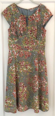 eShakti Retro-Style Floral Midi Dress w/Pockets & Lime Green Piping Size L 14 - Image 1 of 4