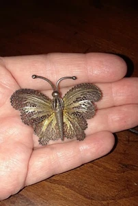 Antique Vintage Art Nouveau Sterling Silver Gold Filigree Butterfly Pin Brooch - Picture 1 of 6