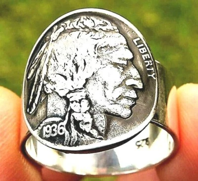 Signet ring authentic 1936 Buffalo Indian Nickel coin .925 sterling silver band - Image 1 of 4