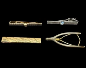 4 Vintage Swank Tie Clips Bars Gold Filled Wishbone Rhinestone Rounded Art Deco - Picture 1 of 11