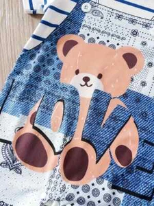 Cute Cartoon Bear Denim-Style Overalls for Kids - Comfy Polyester Blend,6-9  m. - Picture 1 of 2